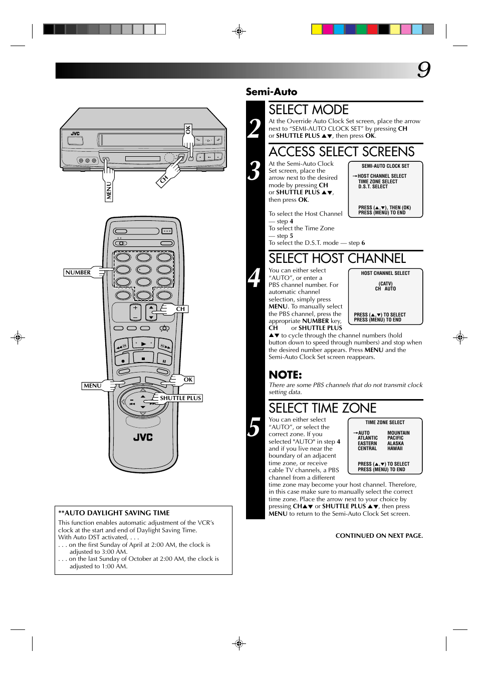 Select mode, Access select screens, Select host channel | Select time zone, Semi-auto | JVC HR-J630U User Manual | Page 9 / 46