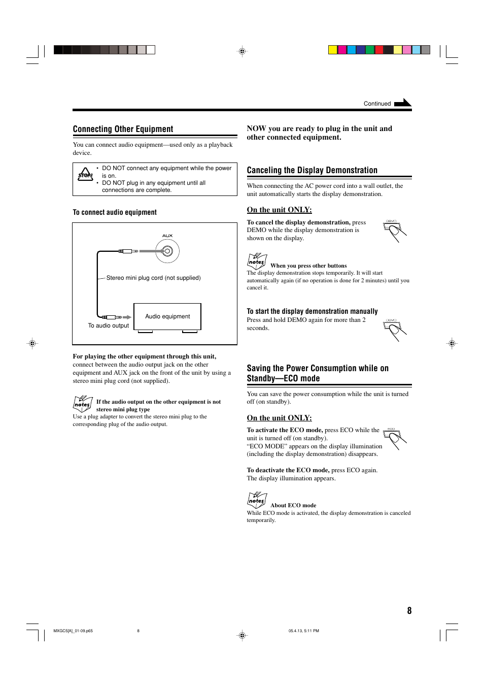 Connecting other equipment, Canceling the display demonstration | JVC 0405MWMMDWBET User Manual | Page 11 / 28