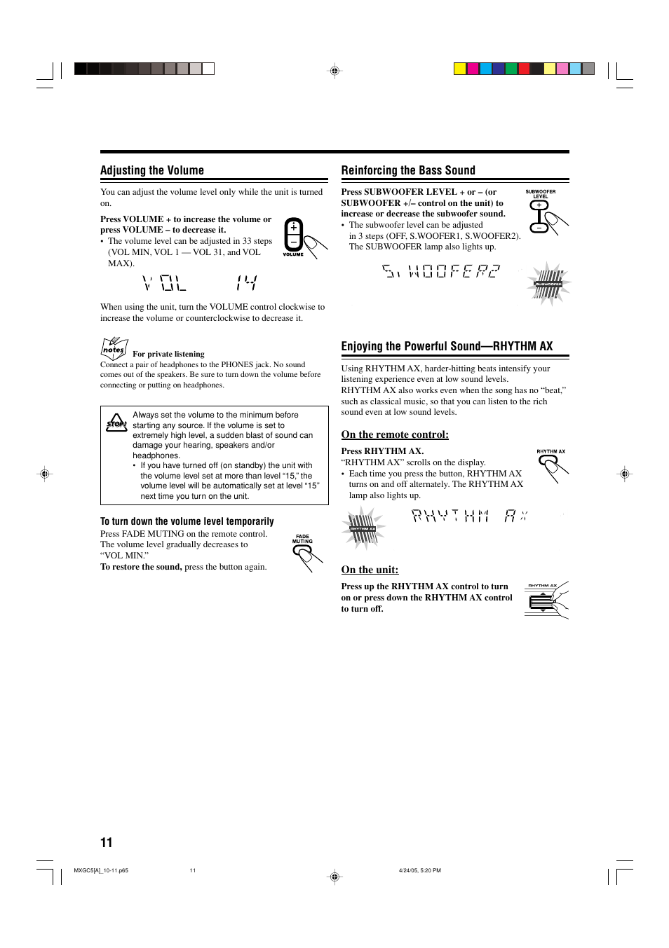 Reinforcing the bass sound, Enjoying the powerful sound—rhythm ax, Adjusting the volume | JVC 0405MWMMDWBET User Manual | Page 14 / 28