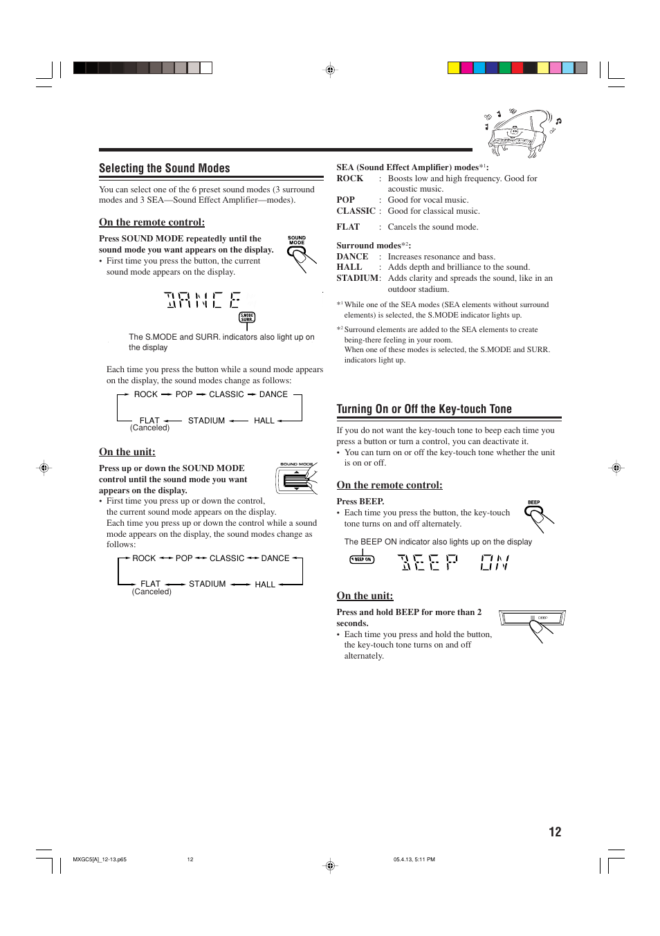 Selecting the sound modes, Turning on or off the key-touch tone | JVC 0405MWMMDWBET User Manual | Page 15 / 28