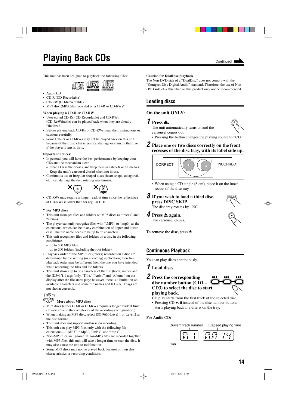 Playing back cds, Loading discs, Continuous playback | JVC 0405MWMMDWBET User Manual | Page 17 / 28