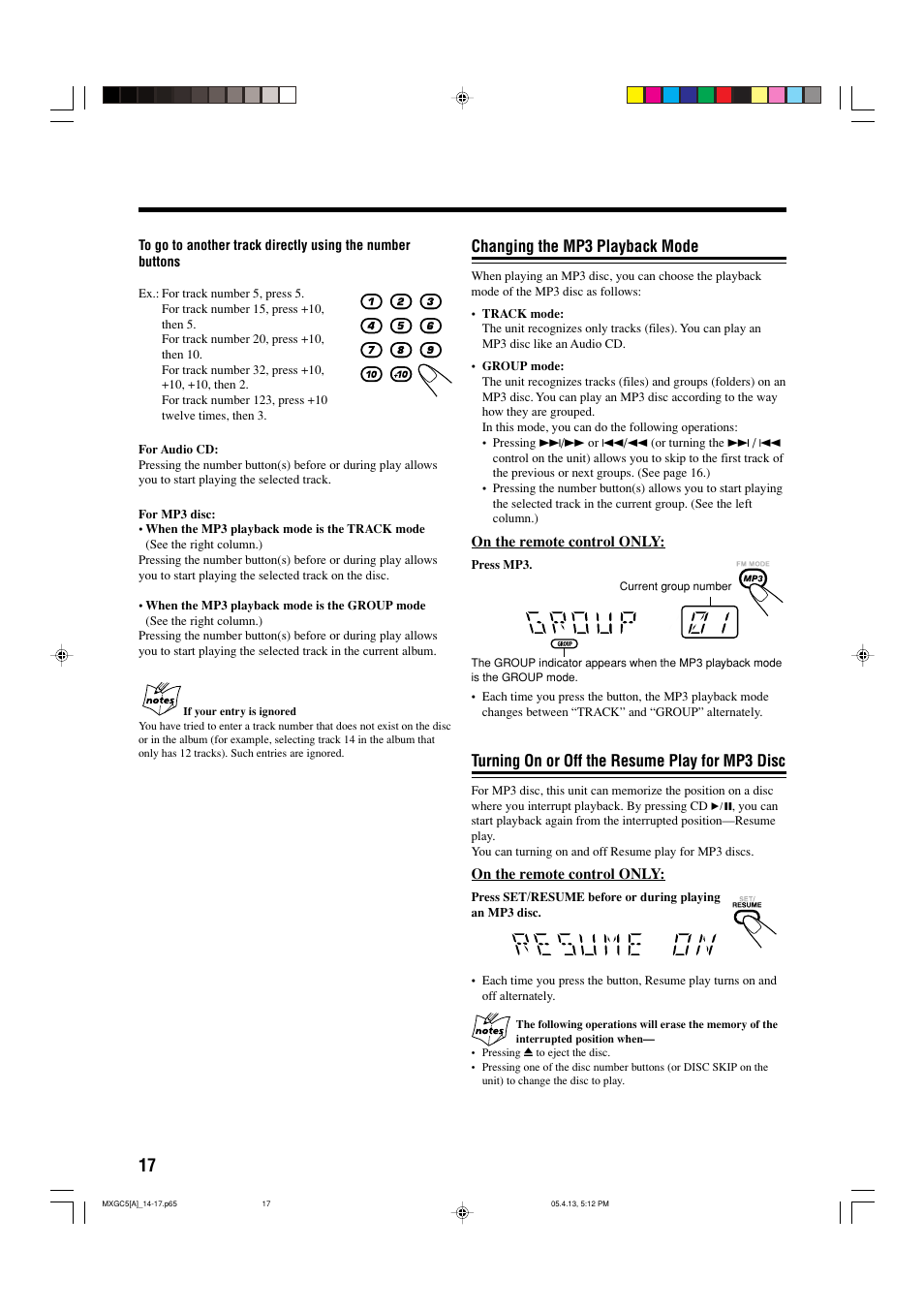 Turning on or off the resume play for mp3 disc, Changing the mp3 playback mode | JVC 0405MWMMDWBET User Manual | Page 20 / 28