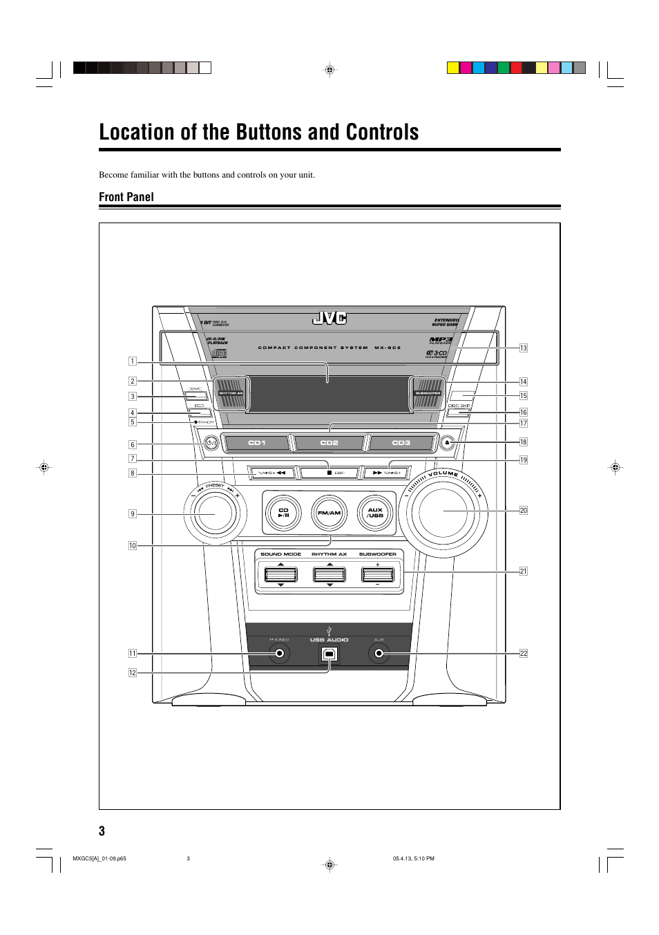 Location of the buttons and controls, Front panel | JVC 0405MWMMDWBET User Manual | Page 6 / 28