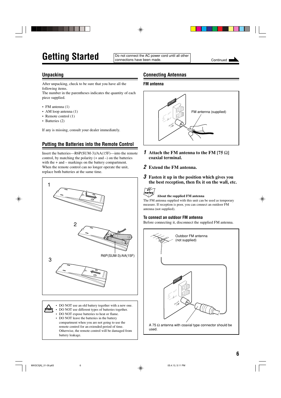 Getting started, Unpacking, Putting the batteries into the remote control | Connecting antennas | JVC 0405MWMMDWBET User Manual | Page 9 / 28