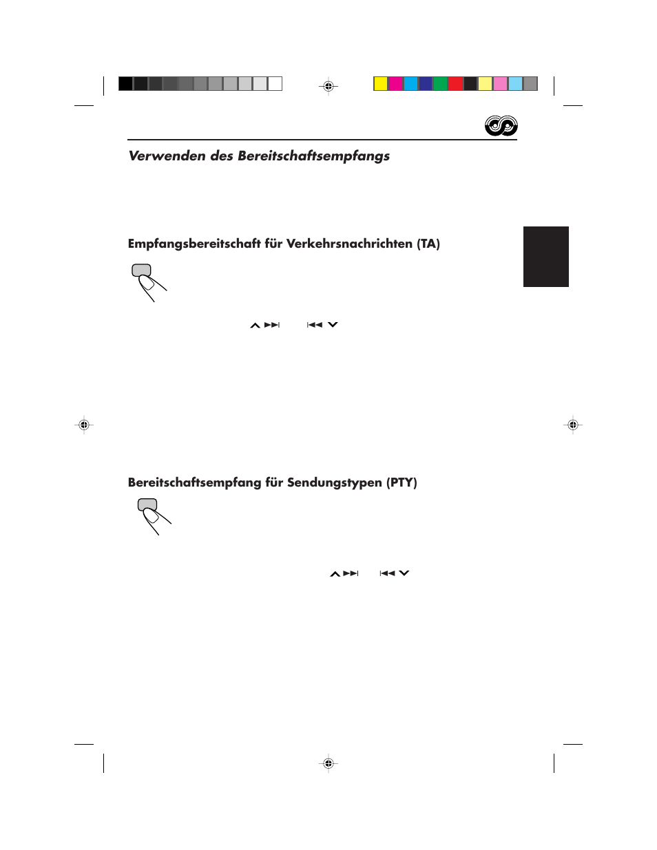 Verwenden des bereitschaftsempfangs, Empfangsbereitschaft für verkehrsnachrichten (ta), Bereitschaftsempfang für sendungstypen (pty) | JVC KD-S673R User Manual | Page 45 / 138