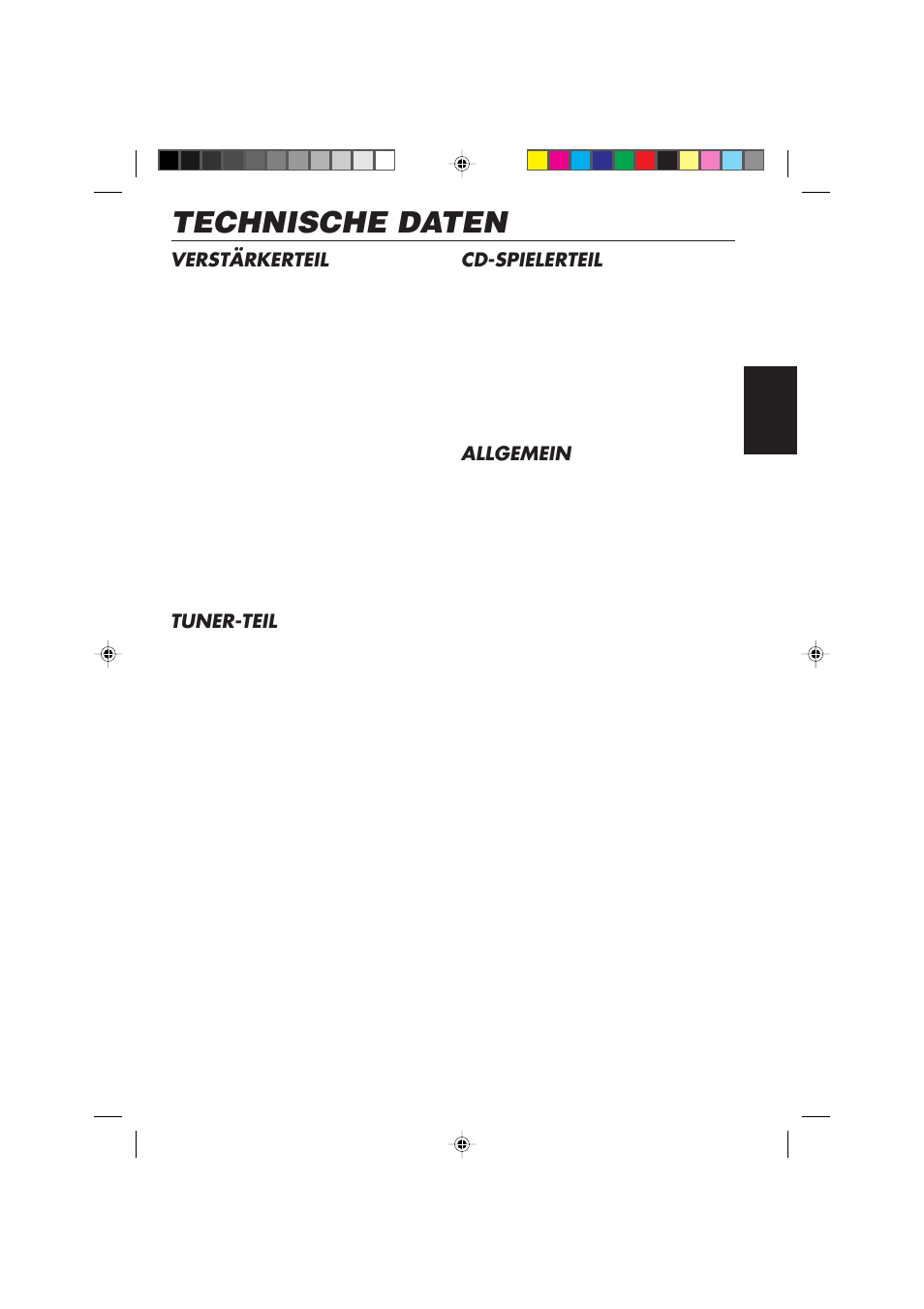 Technische daten, Verstärkerteil, Tuner-teil | Cd-spielerteil, Allgemein | JVC KD-S673R User Manual | Page 69 / 138