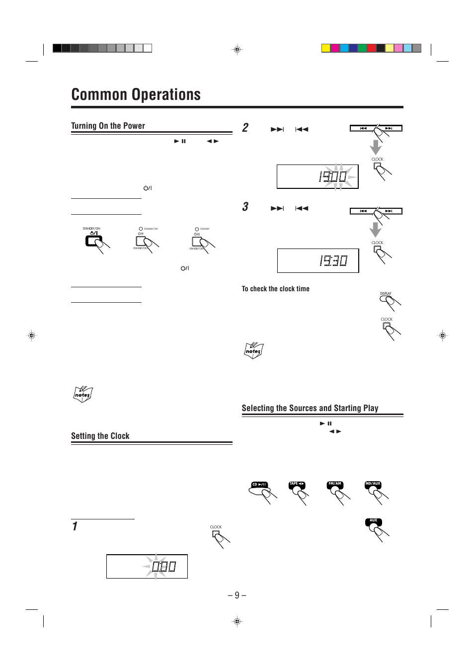 Common operations, Turning on the power, Setting the clock | Selecting the sources and starting play | JVC SP-UXP5 User Manual | Page 12 / 28