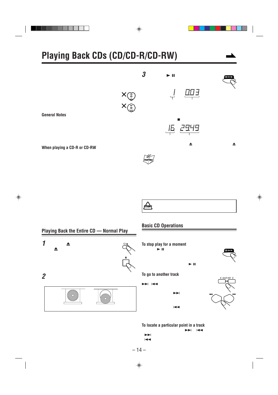 Playing back cds (cd/cd-r/cd-rw), Playing back the entire cd — normal play, Basic cd operations | JVC SP-UXP5 User Manual | Page 17 / 28