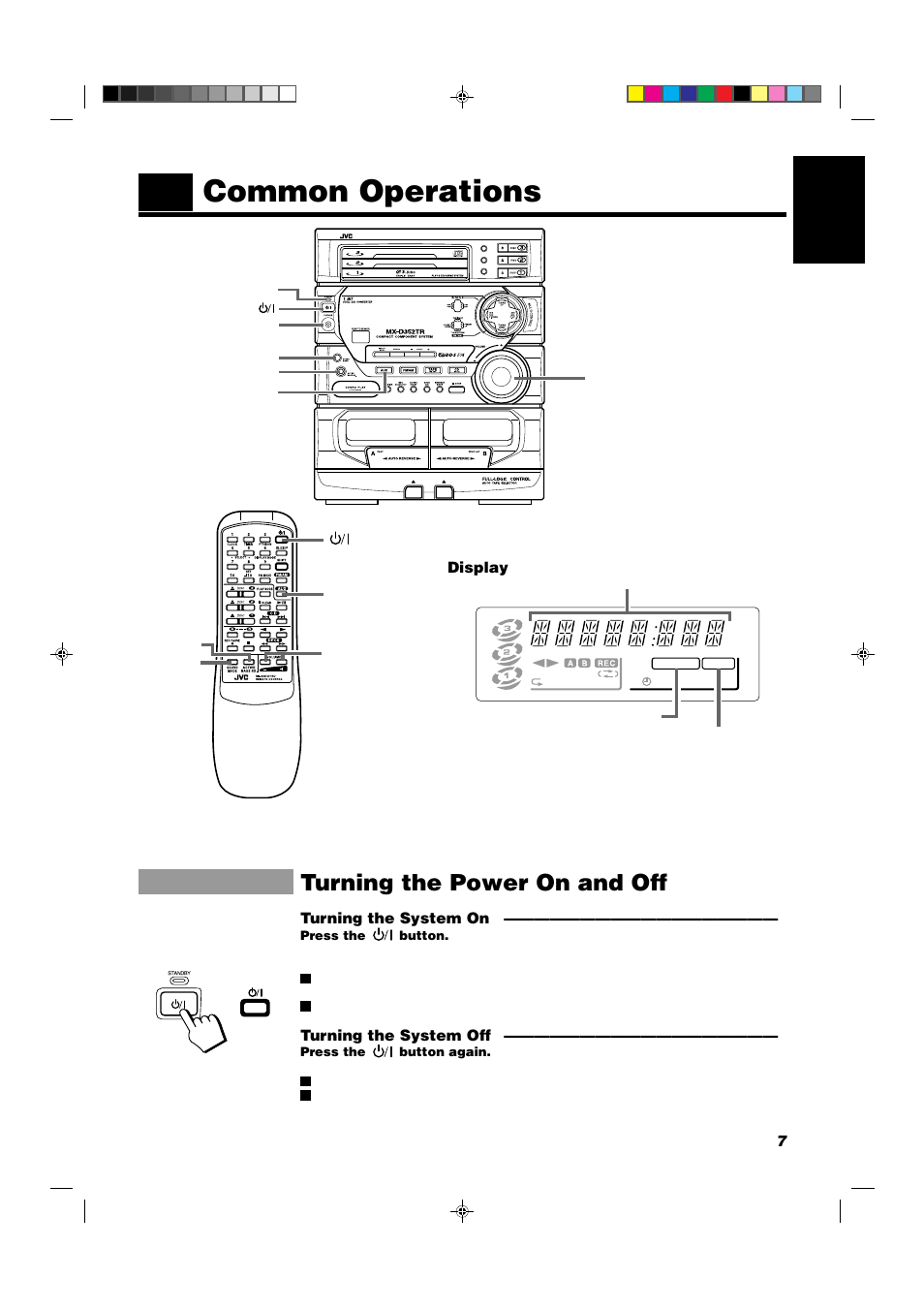 Common operations, Turning the power on and off, 7english | Display, Turning the system on, Turning the system off | JVC CA-D352TR User Manual | Page 11 / 37