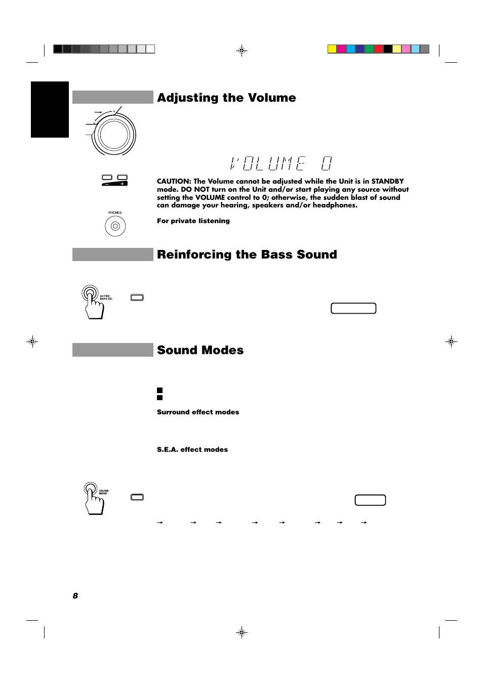 Adjusting the volume, Reinforcing the bass sound, Sound modes | 8english | JVC CA-D352TR User Manual | Page 12 / 37