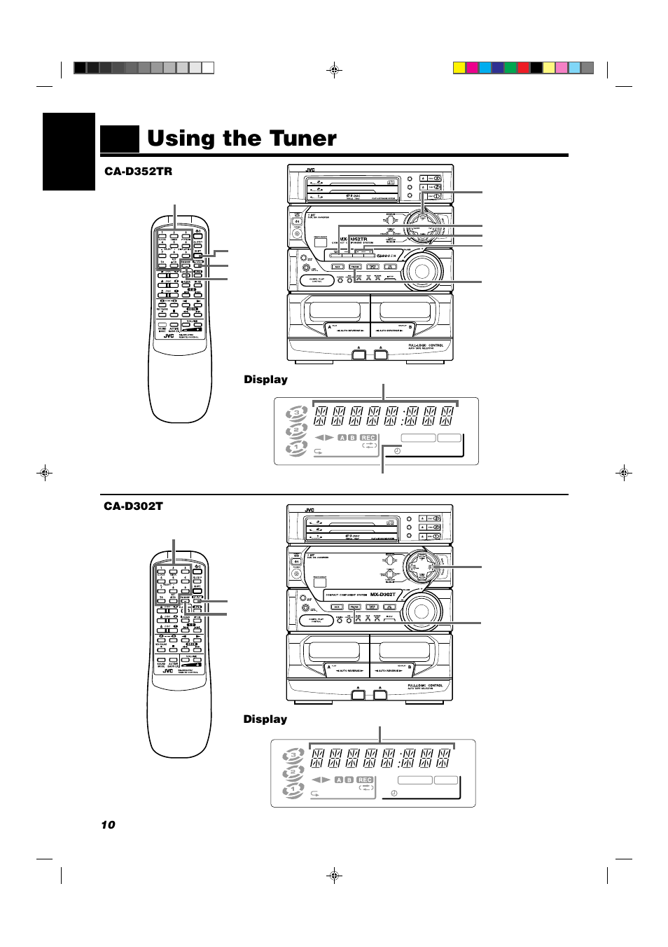 Using the tuner, 10 english, Display | Ca-d352tr, Ca-d302t | JVC CA-D352TR User Manual | Page 14 / 37