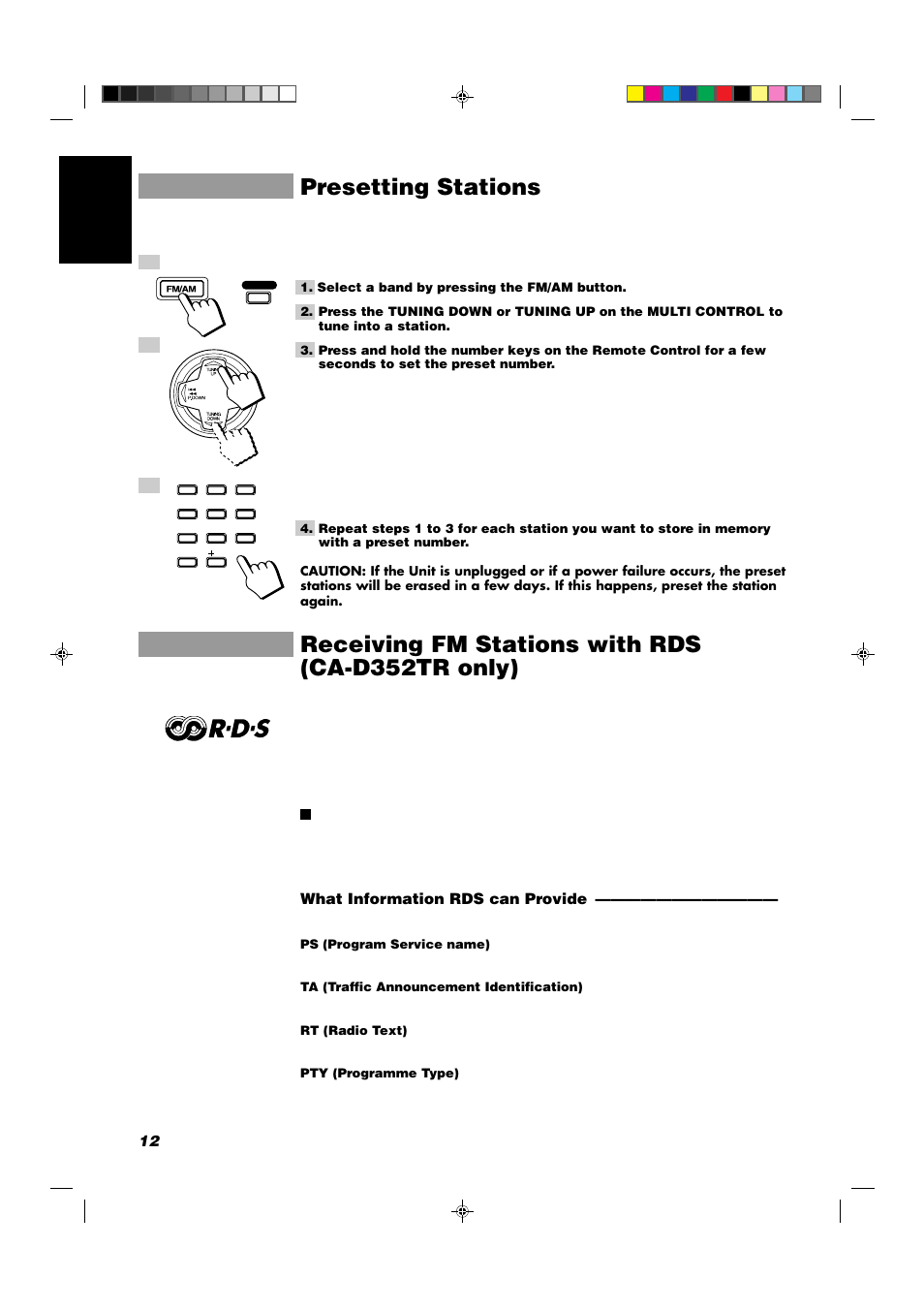 Receiving fm stations with rds (ca-d352tr only), Presetting stations, 12 english | What information rds can provide | JVC CA-D352TR User Manual | Page 16 / 37