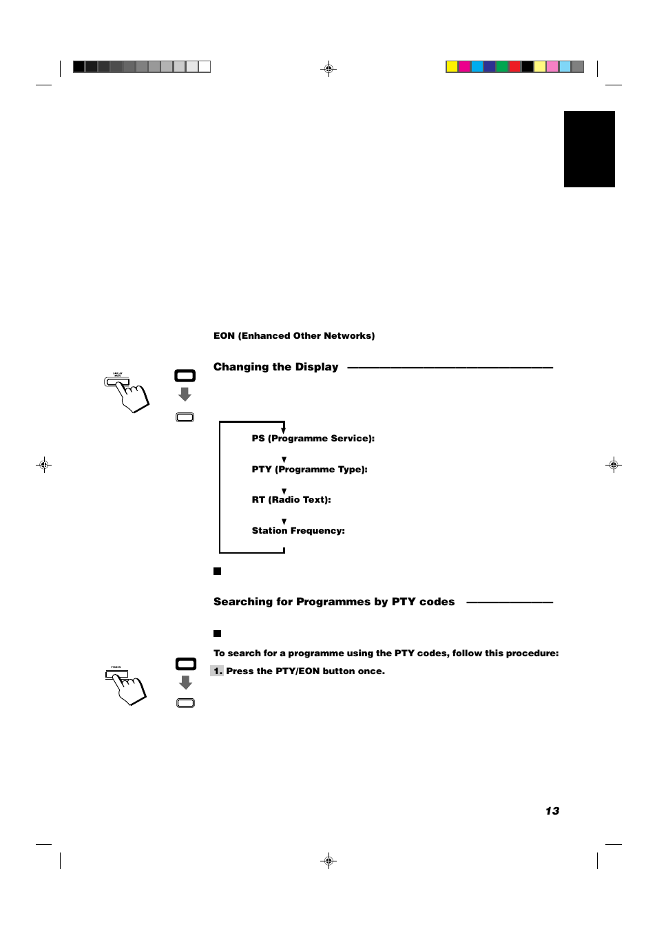 13 english, Changing the display, Searching for programmes by pty codes | JVC CA-D352TR User Manual | Page 17 / 37