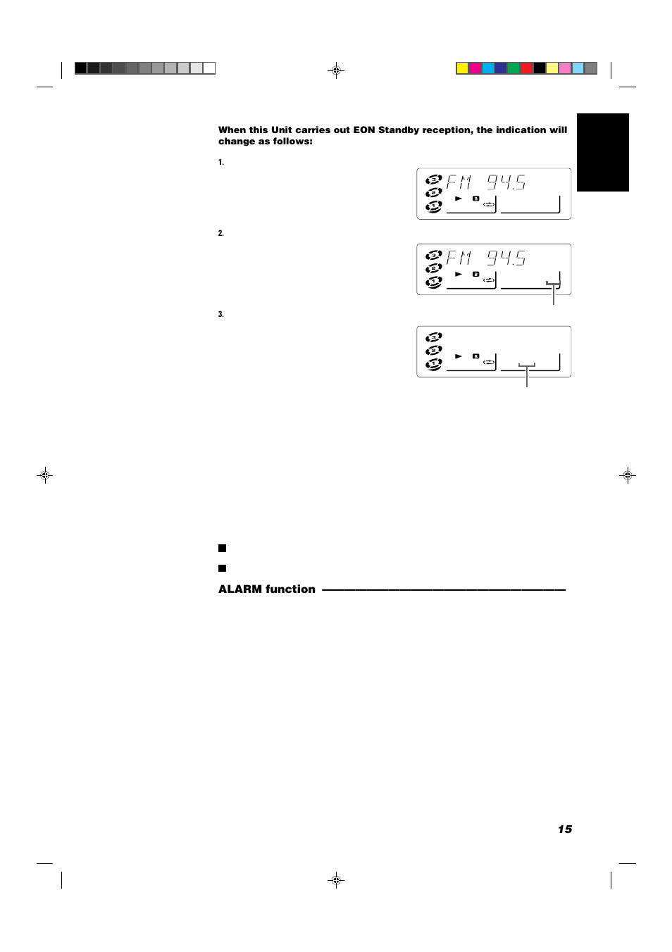 Station name, 15 english, Alarm function | JVC CA-D352TR User Manual | Page 19 / 37