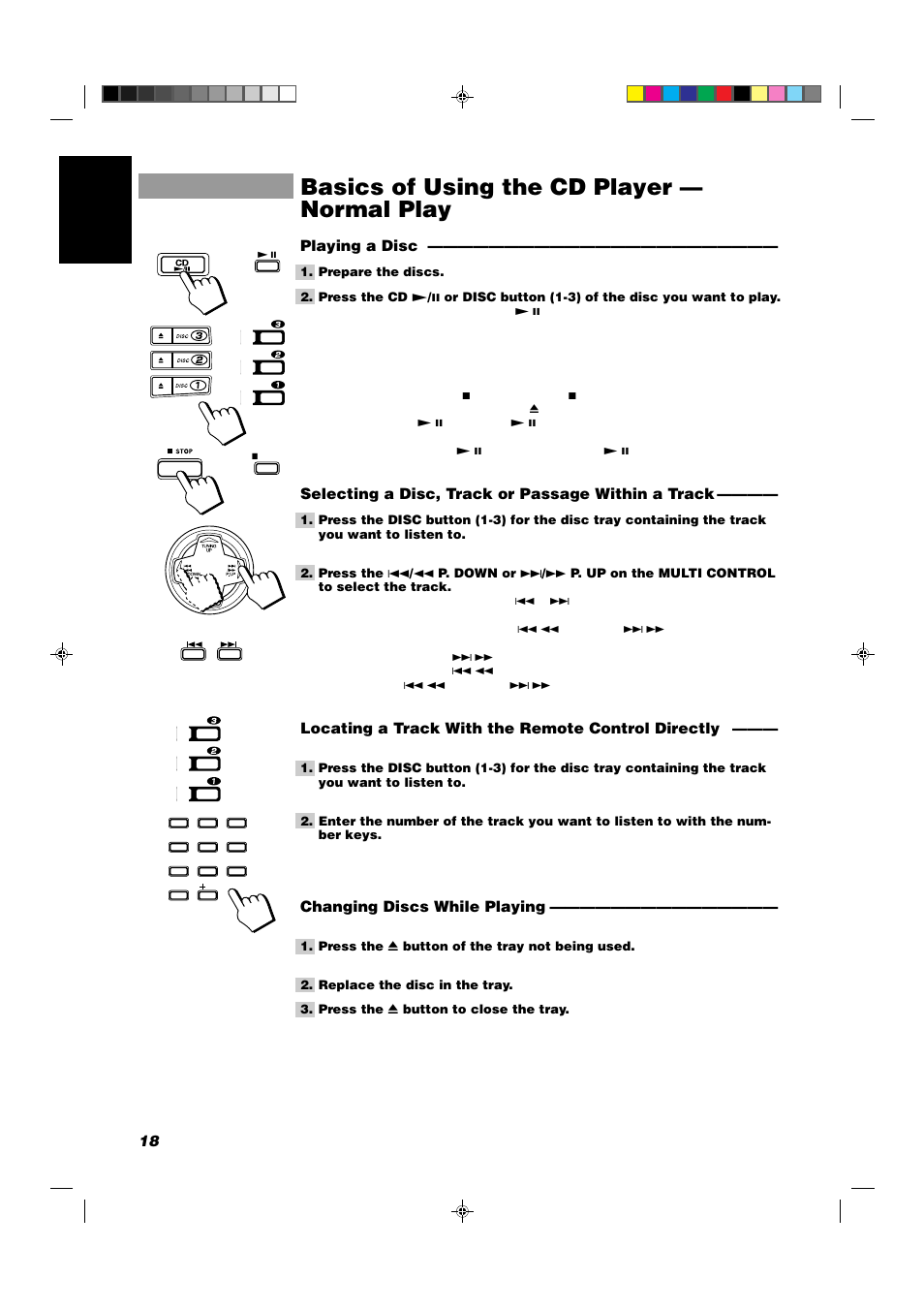 Basics of using the cd player — normal play, 18 english, Playing a disc | Selecting a disc, track or passage within a track, Locating a track with the remote control directly, Changing discs while playing | JVC CA-D352TR User Manual | Page 22 / 37