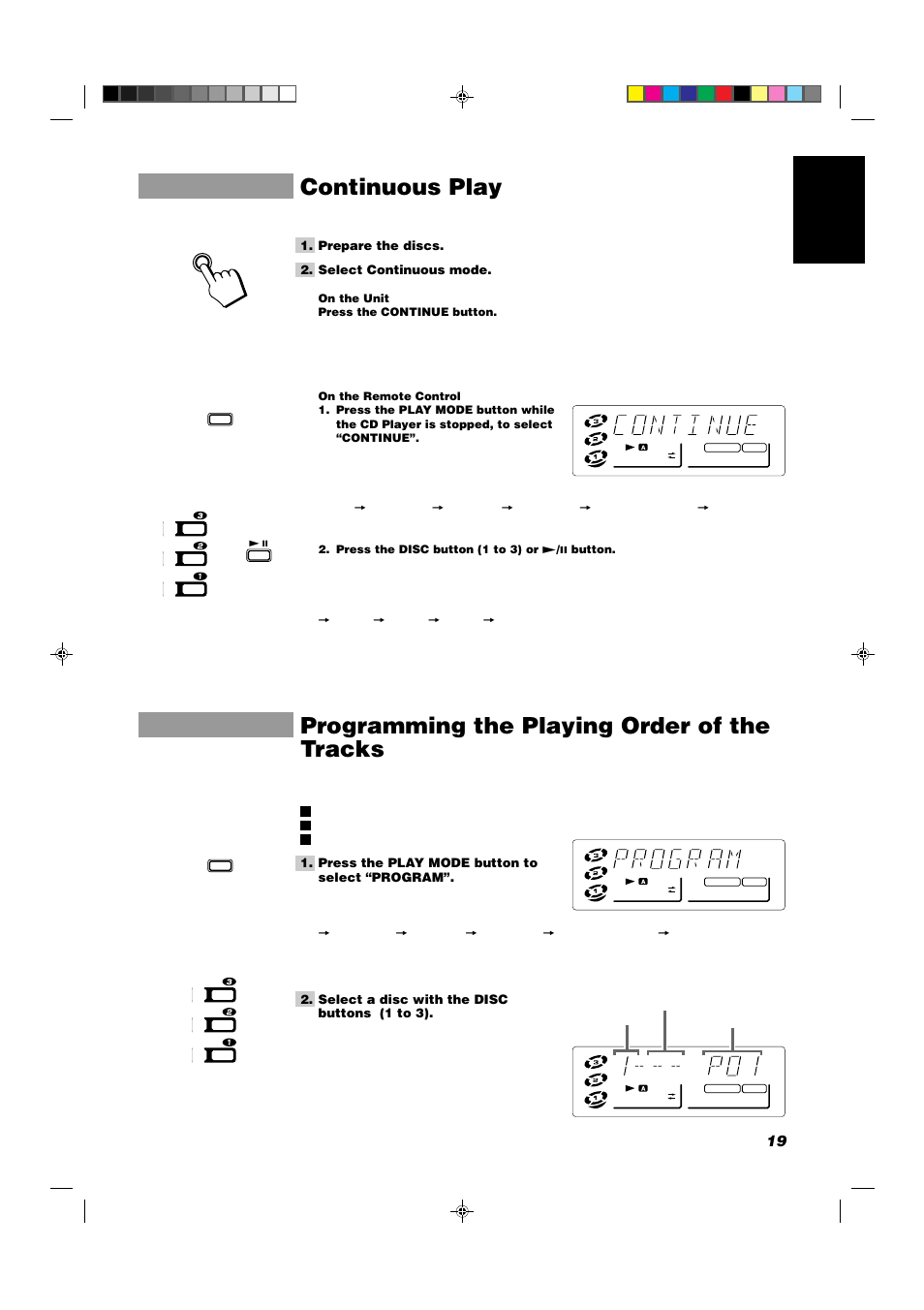 Continuous play, Programming the playing order of the tracks, 19 english | JVC CA-D352TR User Manual | Page 23 / 37