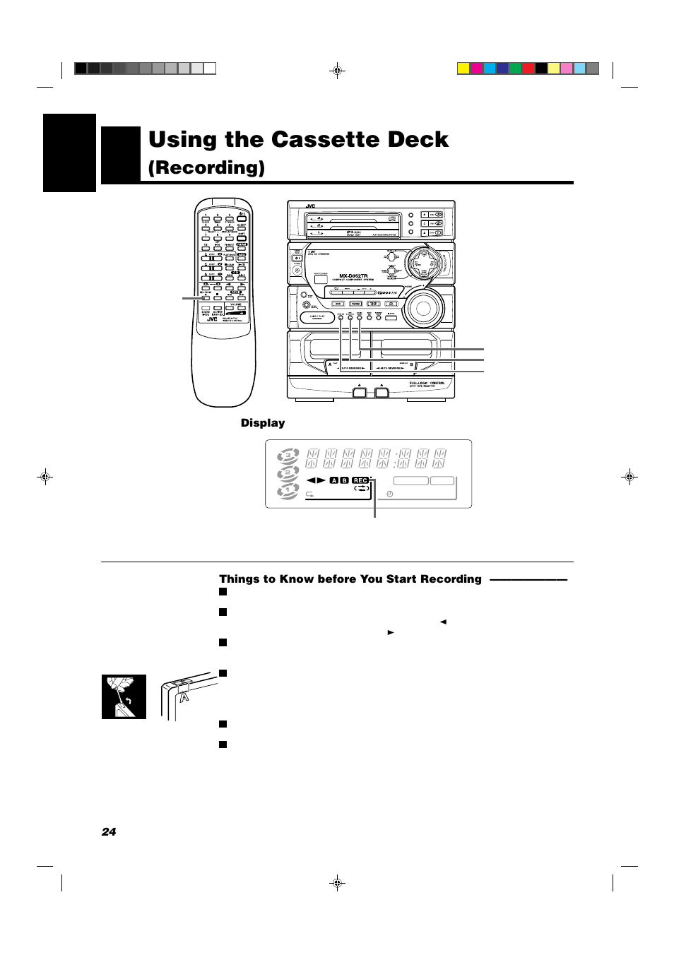 Using the cassette deck, Recording), 24 english | Things to know before you start recording, Display | JVC CA-D352TR User Manual | Page 28 / 37