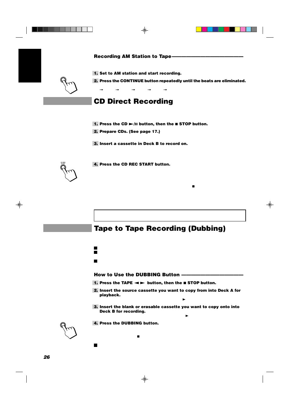 Cd direct recording, Tape to tape recording (dubbing) | JVC CA-D352TR User Manual | Page 30 / 37