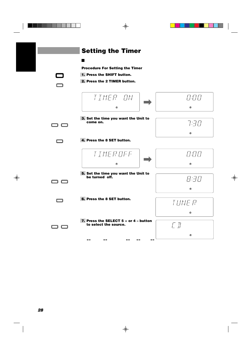 Setting the timer, 28 english | JVC CA-D352TR User Manual | Page 32 / 37