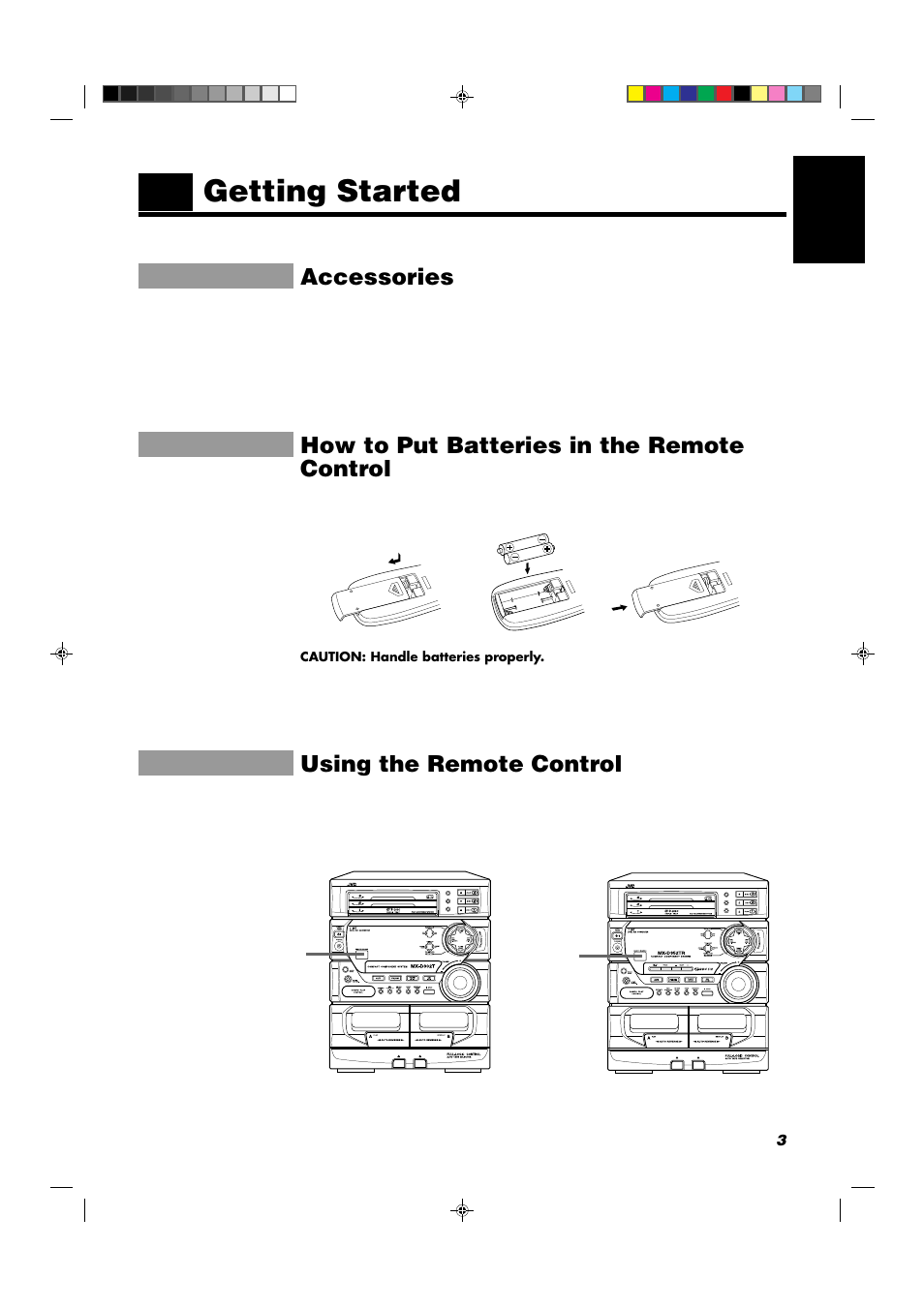 Getting started, Accessories, How to put batteries in the remote control | Using the remote control | JVC CA-D352TR User Manual | Page 7 / 37