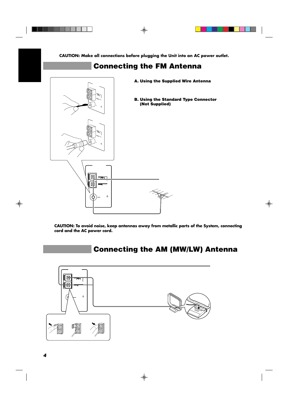 Connecting the fm antenna, Connecting the am (mw/lw) antenna, 4english | A. using the supplied wire antenna | JVC CA-D352TR User Manual | Page 8 / 37