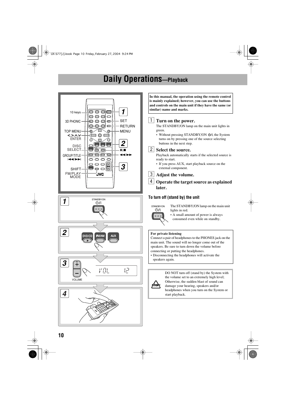 Daily operations, Playback | JVC FS-S77B/FS-S77S User Manual | Page 14 / 52