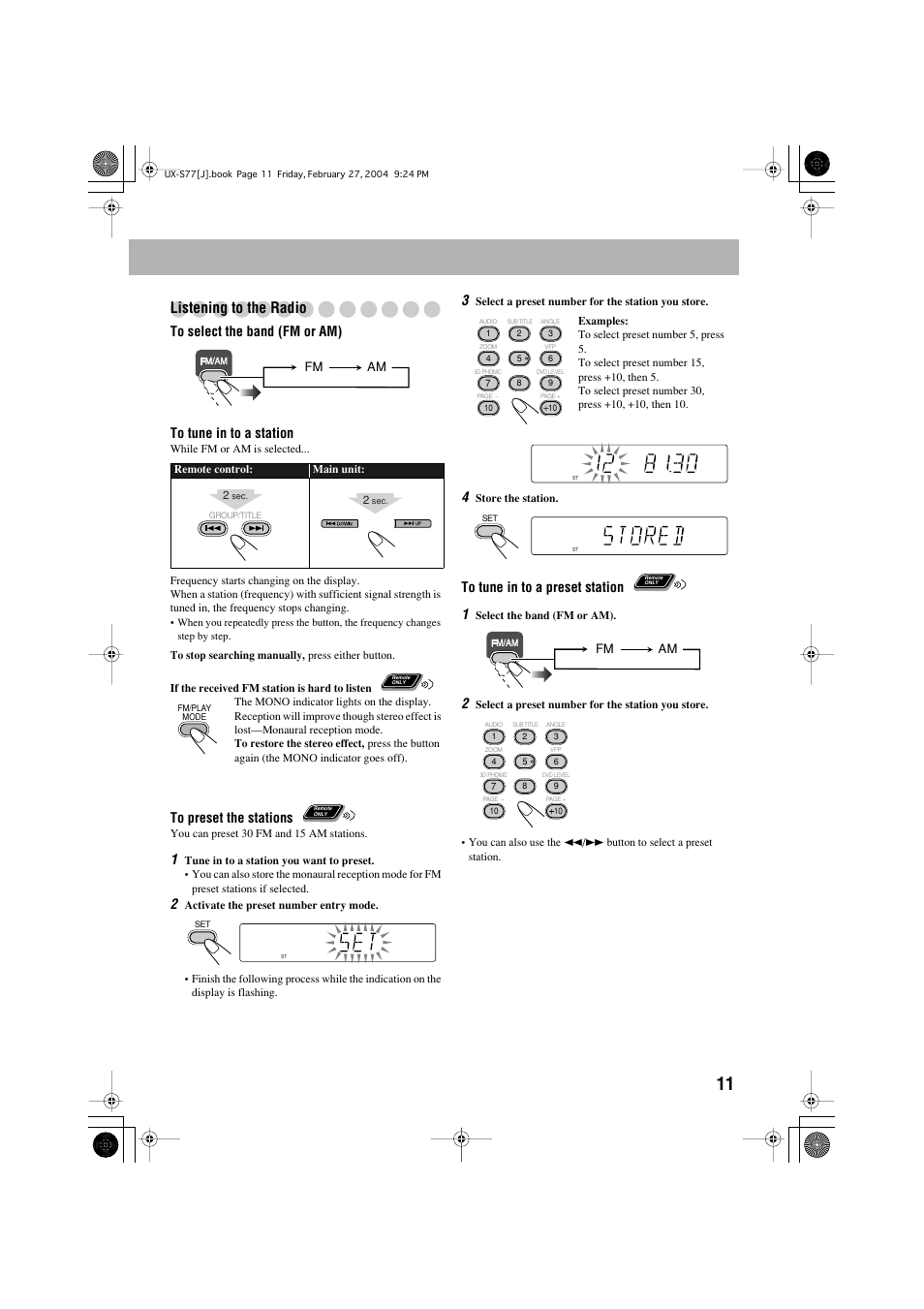 Listening to the radio | JVC FS-S77B/FS-S77S User Manual | Page 15 / 52