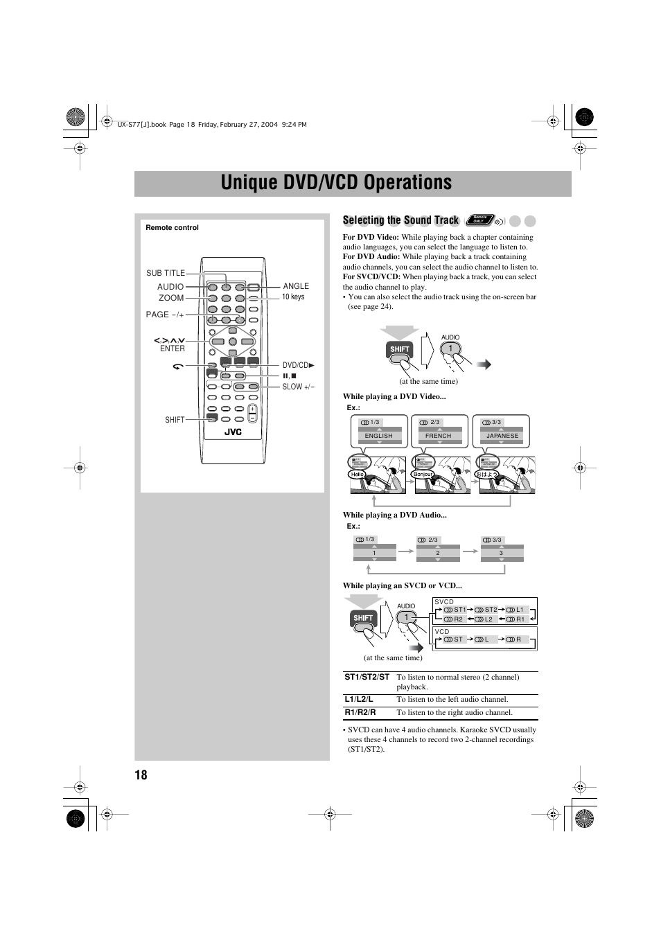 Unique dvd/vcd operations, Selecting the sound track | JVC FS-S77B/FS-S77S User Manual | Page 22 / 52