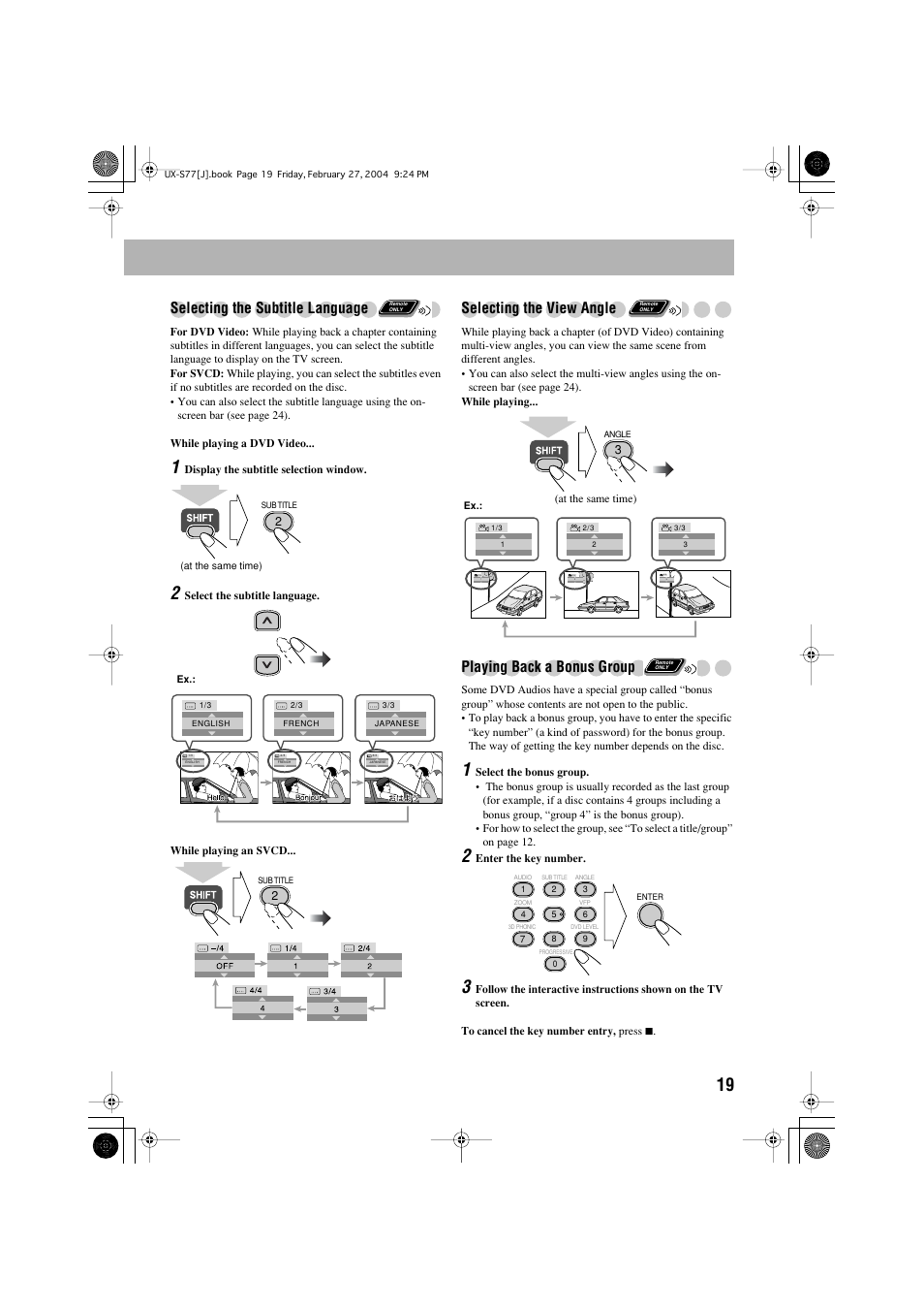 Selecting the subtitle language, Selecting the view angle, Playing back a bonus group | JVC FS-S77B/FS-S77S User Manual | Page 23 / 52