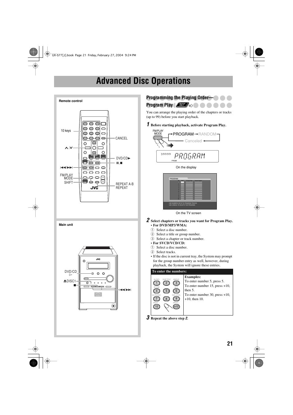 Advanced disc operations, Programming the playing order— program play | JVC FS-S77B/FS-S77S User Manual | Page 25 / 52