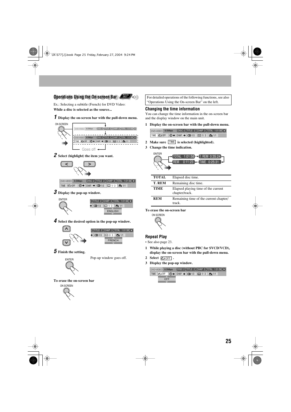 Operations using the on-screen bar, Changing the time information, Repeat play | Goes off | JVC FS-S77B/FS-S77S User Manual | Page 29 / 52