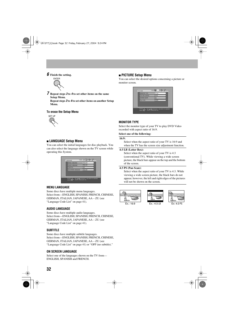 Language setup menu, Picture setup menu | JVC FS-S77B/FS-S77S User Manual | Page 36 / 52