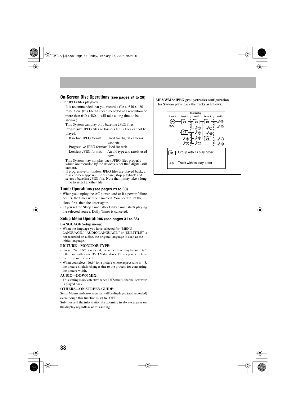 On-screen disc operations, Timer operations, Setup menu operations | JVC FS-S77B/FS-S77S User Manual | Page 42 / 52