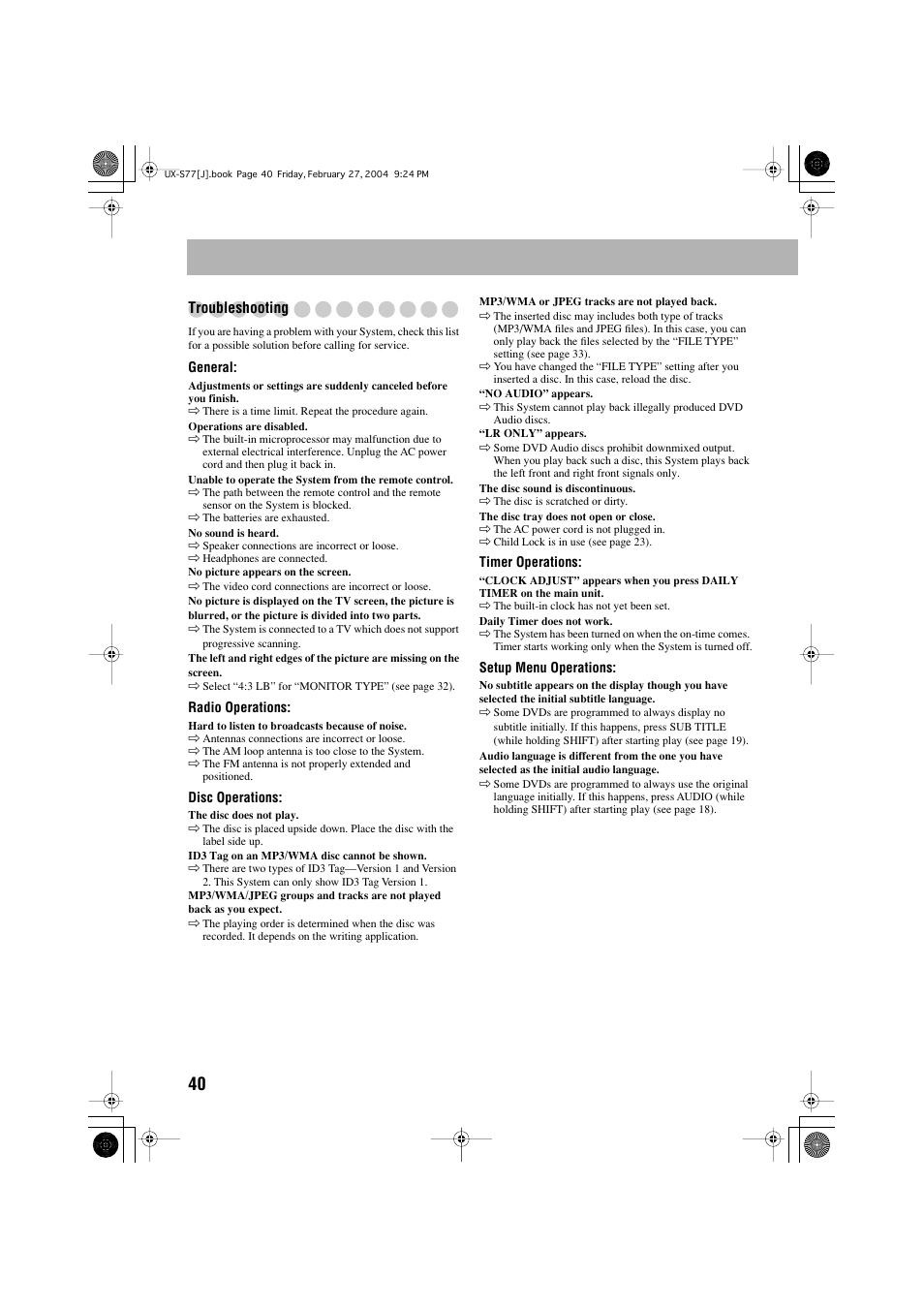 Troubleshooting | JVC FS-S77B/FS-S77S User Manual | Page 44 / 52