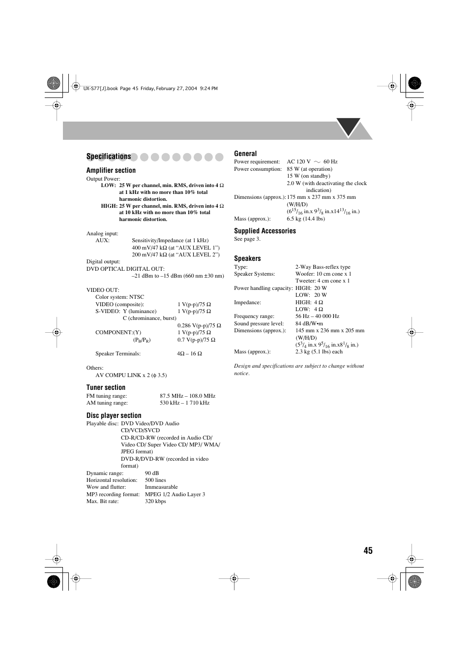 Specifications | JVC FS-S77B/FS-S77S User Manual | Page 49 / 52