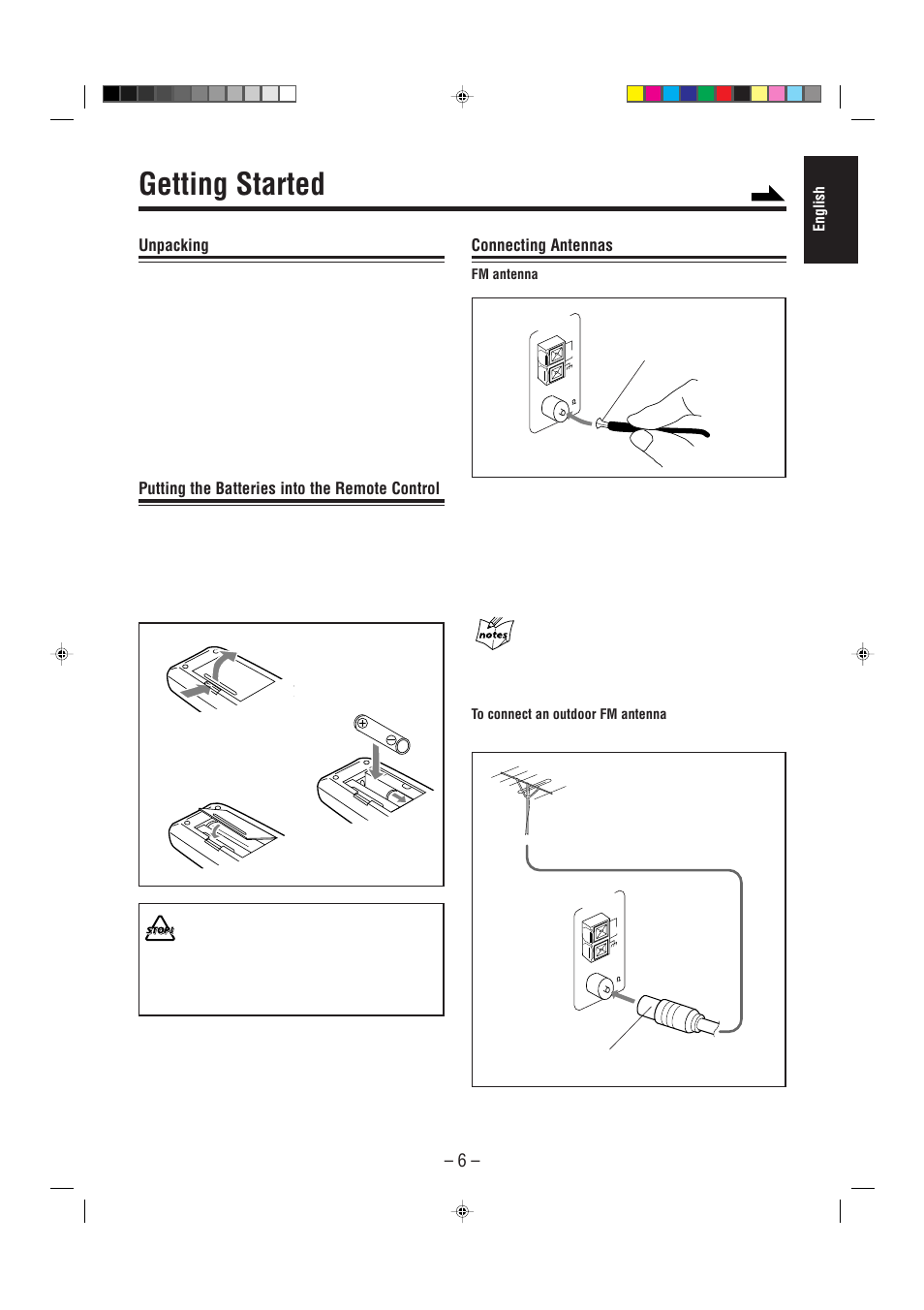 Getting started, Unpacking, Putting the batteries into the remote control | Connecting antennas | JVC CA-MXJ700 User Manual | Page 11 / 32