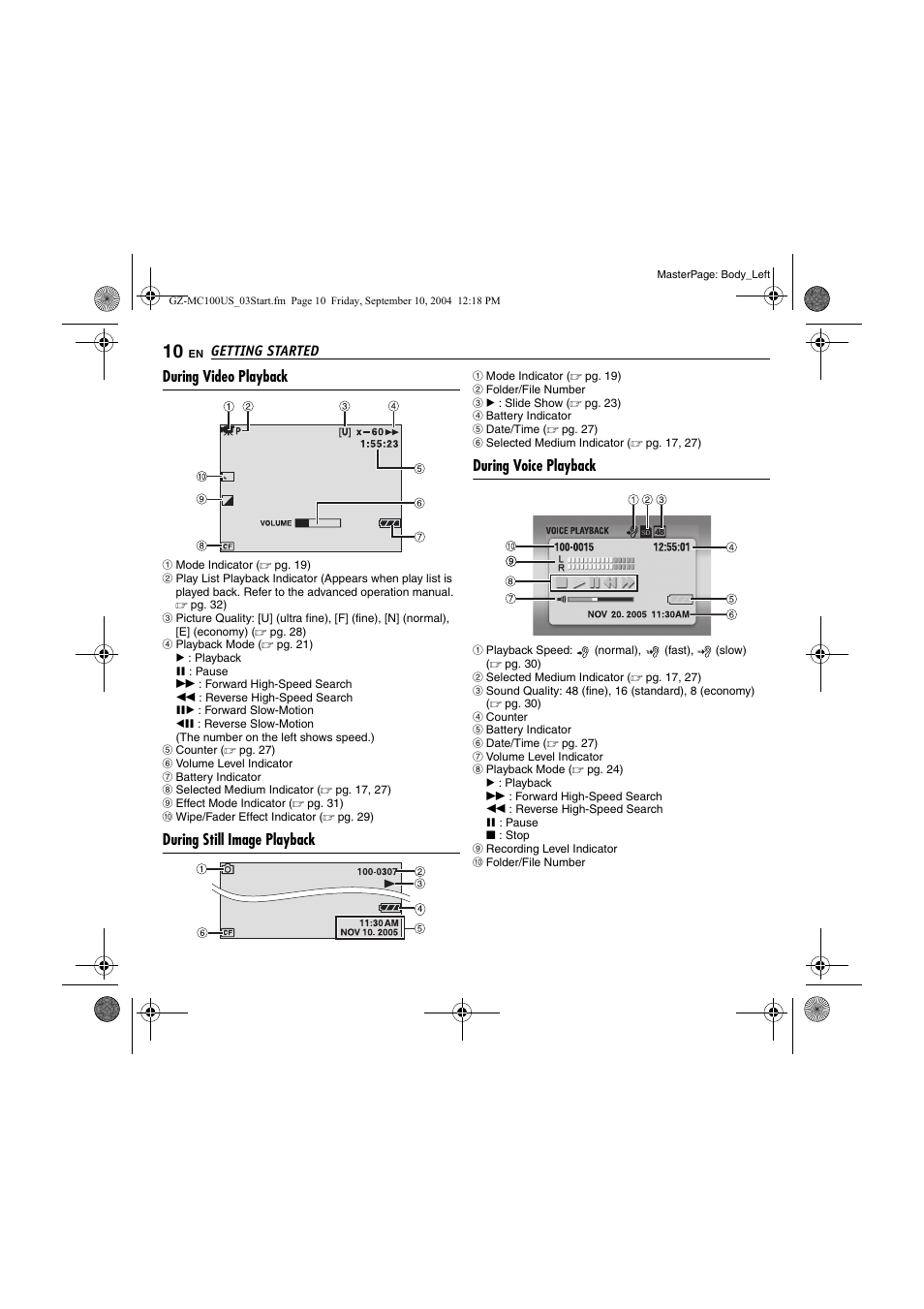 During video playback, During still image playback, During voice playback | JVC GZ-MC100US User Manual | Page 10 / 44