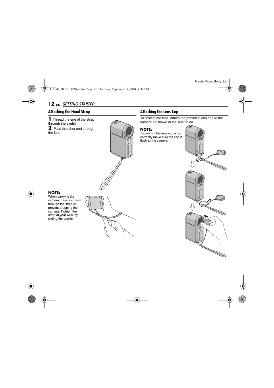 Attaching the hand strap, Attaching the lens cap, 12 f | JVC GZ-MC100US User Manual | Page 12 / 44