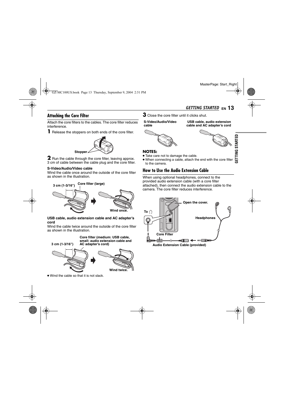 Attaching the core filter, How to use the audio extension cable, Pg. 13) | E 13 | JVC GZ-MC100US User Manual | Page 13 / 44