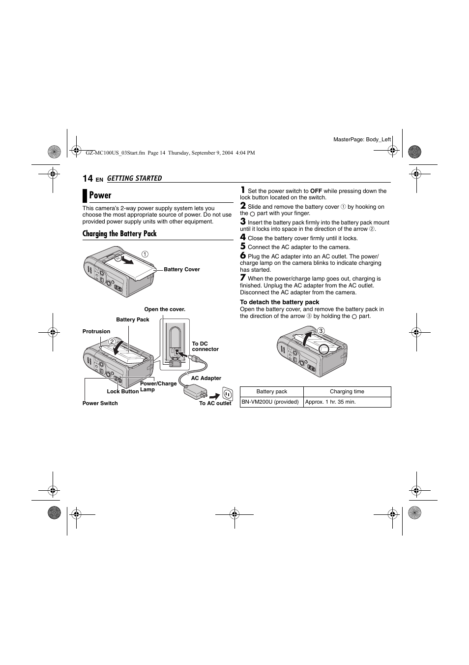 Power, Charging the battery pack, Pg. 14) | Pter while ac, Ecording me | JVC GZ-MC100US User Manual | Page 14 / 44