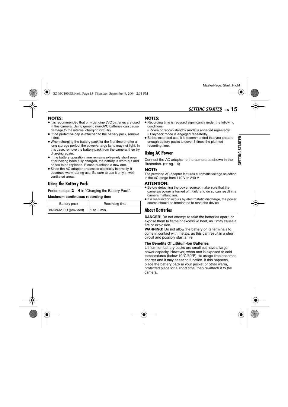 Using the battery pack, Using ac power, About batteries | JVC GZ-MC100US User Manual | Page 15 / 44