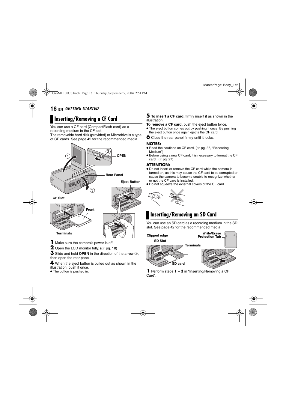 Inserting/removing a cf card, Inserting/removing an sd card, Pg. 16) | JVC GZ-MC100US User Manual | Page 16 / 44