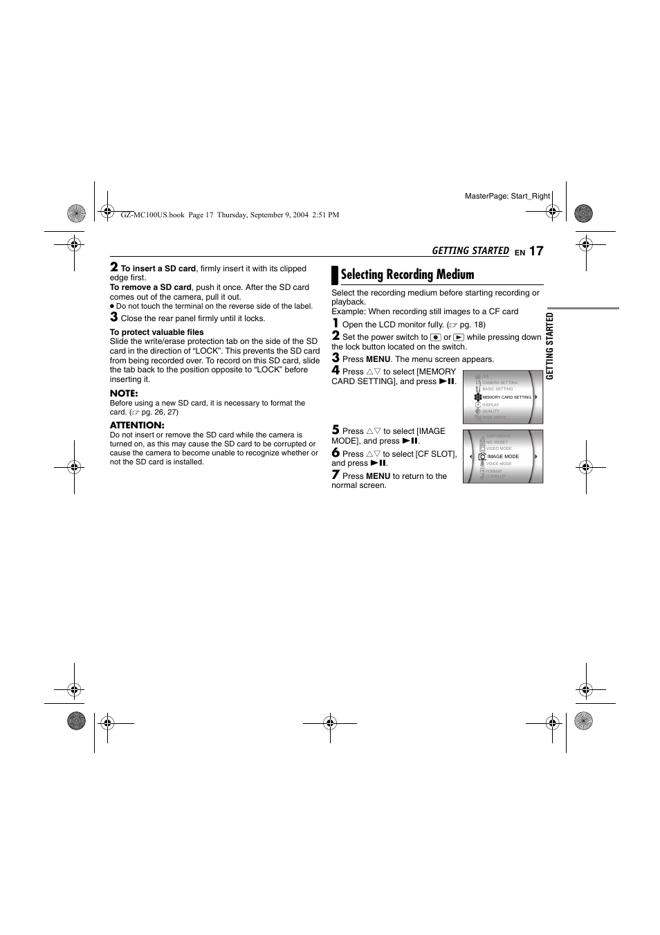 Selecting recording medium, Pg. 17, Pg. 17, 27 | Getting started | JVC GZ-MC100US User Manual | Page 17 / 44