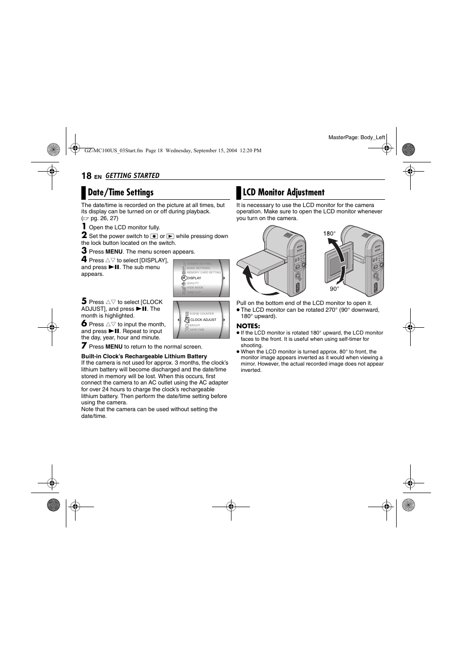 Date/time settings, Lcd monitor adjustment, Ophone | Pg. 18), Getting started | JVC GZ-MC100US User Manual | Page 18 / 44