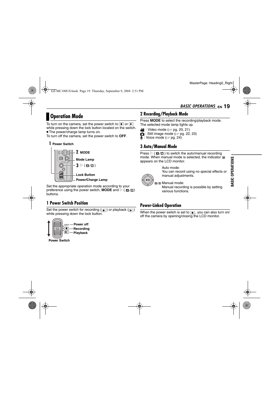 Basic operations, Operation mode, 1 power switch position | 2 recording/playback mode, 3 auto/manual mode, Power-linked operation, N [mode, Pg. 19) | JVC GZ-MC100US User Manual | Page 19 / 44