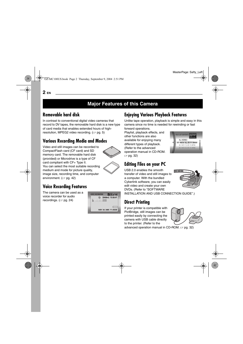 Major features of this camera, Removable hard disk, Various recording media and modes | Voice recording features, Enjoying various playback features, Editing files on your pc, Direct printing | JVC GZ-MC100US User Manual | Page 2 / 44