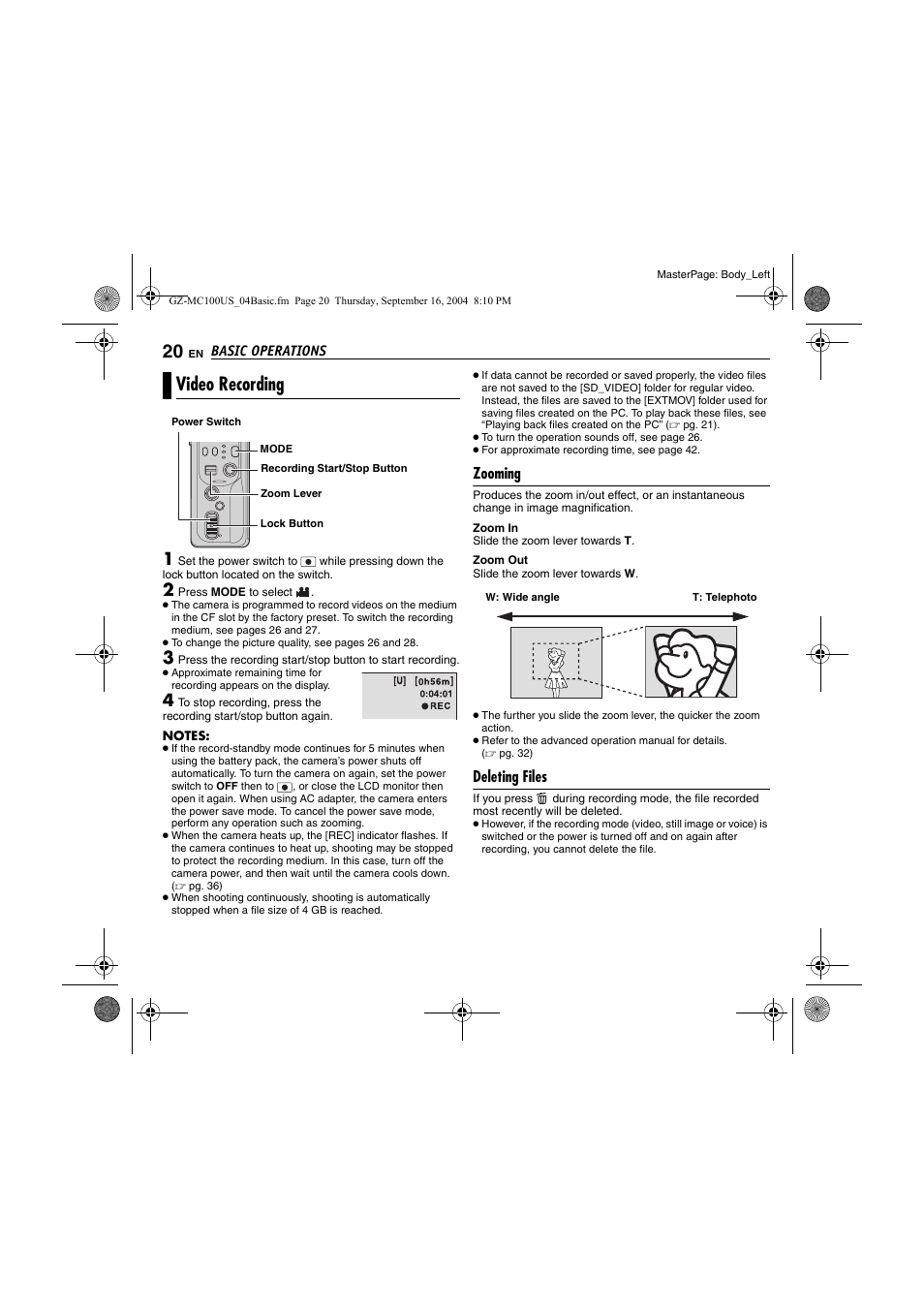 Video recording, Zooming, Deleting files | Pg. 20), Pg. 20, 28, Pg. 20, Pg. 20, 21 | JVC GZ-MC100US User Manual | Page 20 / 44