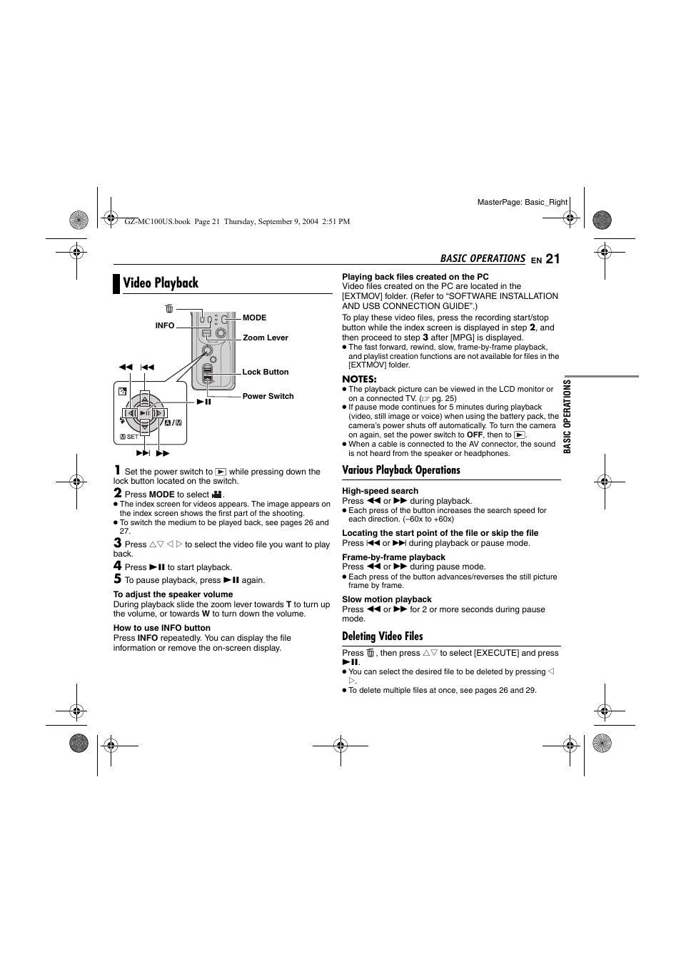 Video playback, Various playback operations, Deleting video files | Pg. 21, 2, Pg. 21), Other parts, Playing back files created on the pc | JVC GZ-MC100US User Manual | Page 21 / 44