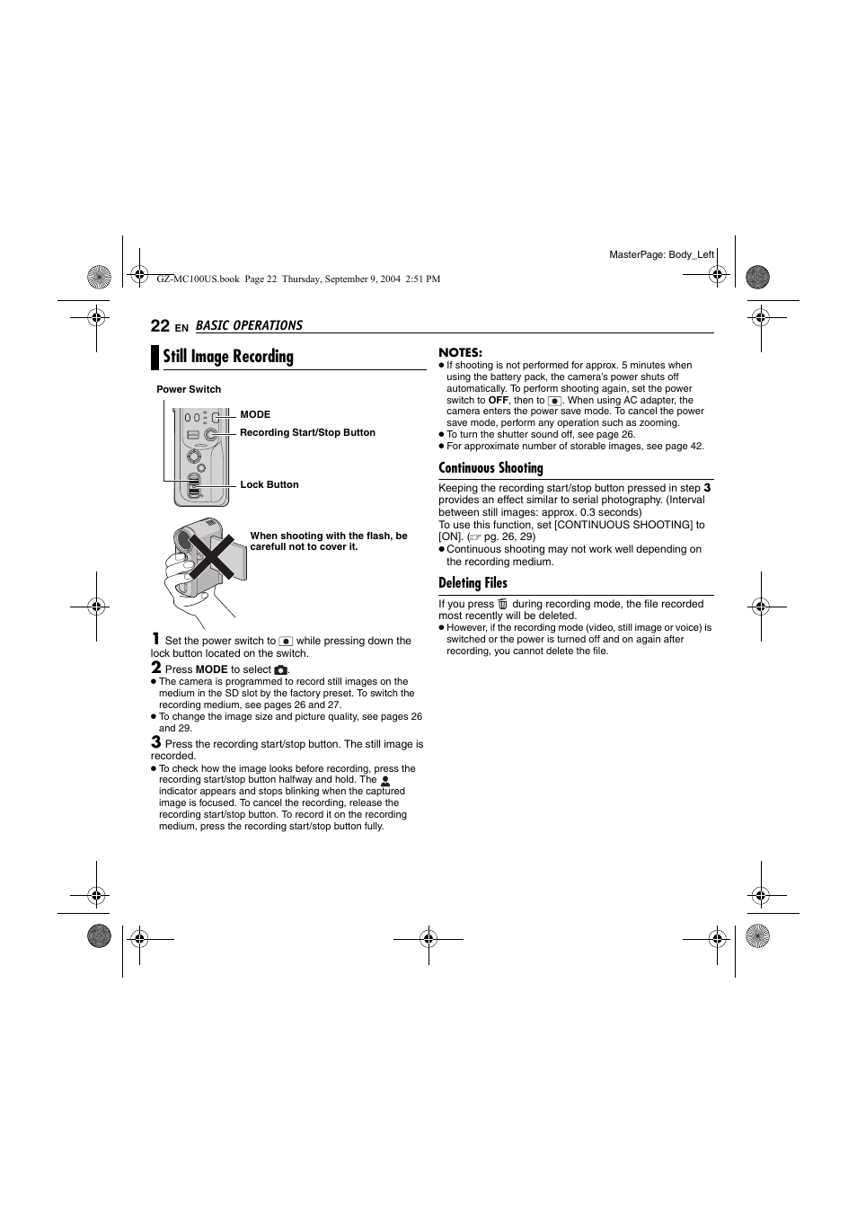 Still image recording, Continuous shooting, Deleting files | Pg. 22), Pg. 22 | JVC GZ-MC100US User Manual | Page 22 / 44