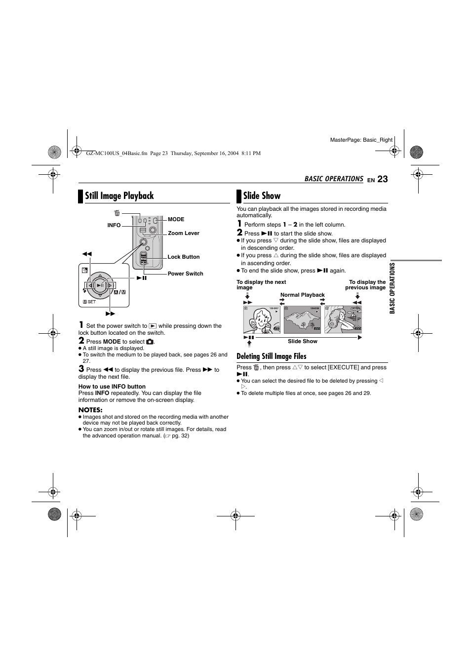 Still image playback, Slide show, Deleting still image files | Pg. 23) | JVC GZ-MC100US User Manual | Page 23 / 44